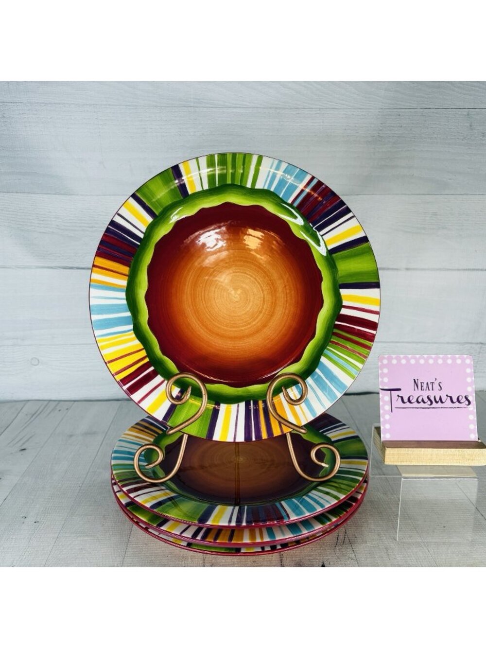 Noble Excellence MUY CALIENTE Colorful Rim Stripe Earthenware Dinner Plate Set 4
